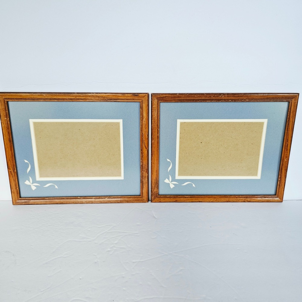 Vintage Coquette Wood Picture Frames Set 2 Blue Mat Bow Detail Traditional Decor